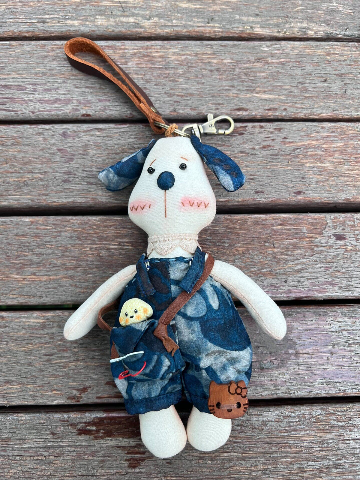 Blue Porcelain Dog Plush Keychain Pendant