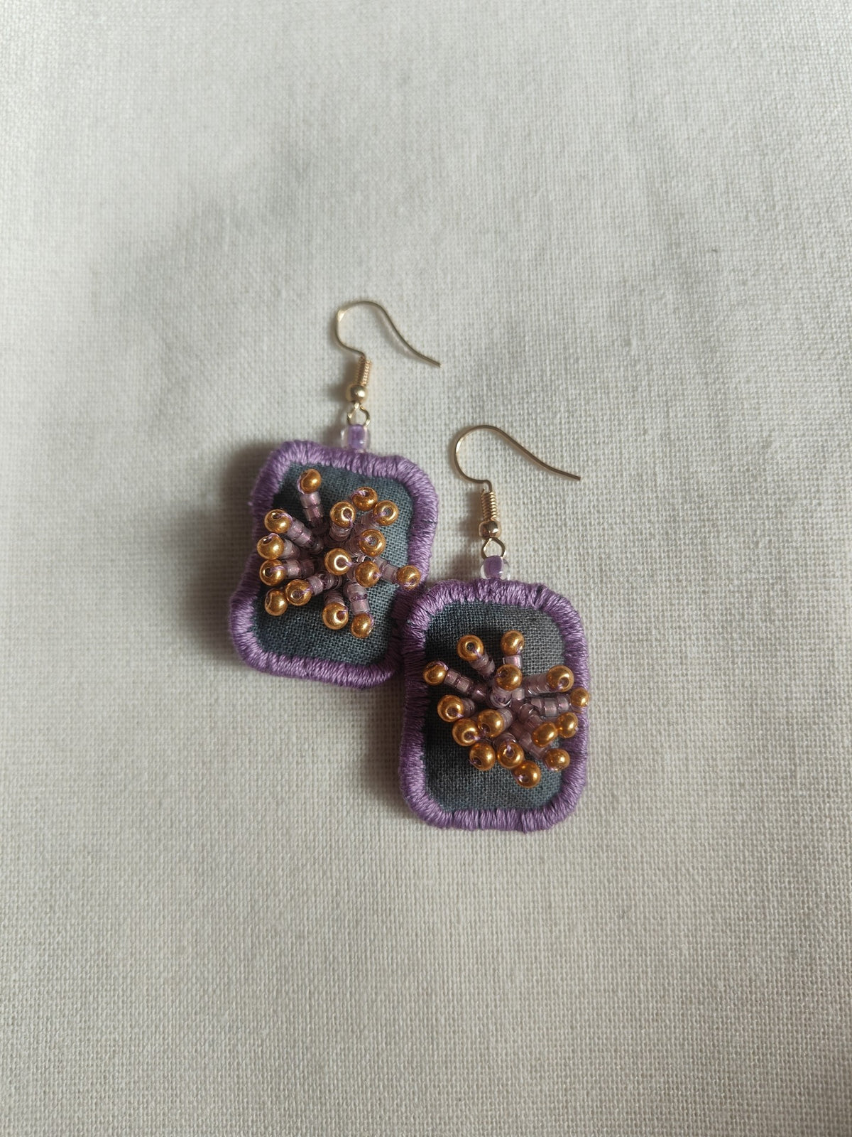 Handmade Fabric Earrings Purple Beaded