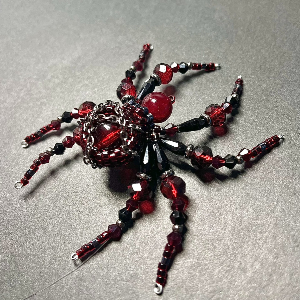 Handcrafted Beaded Spider Ornament Red Amber Beads