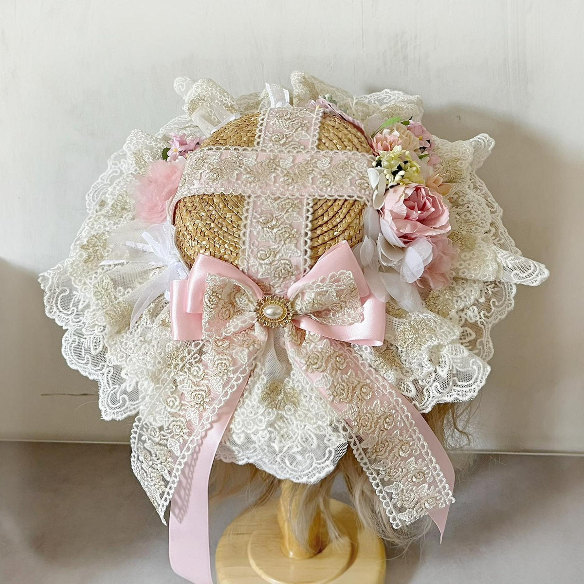 Lolita Straw Bonnet Pink Floral Lace Hat