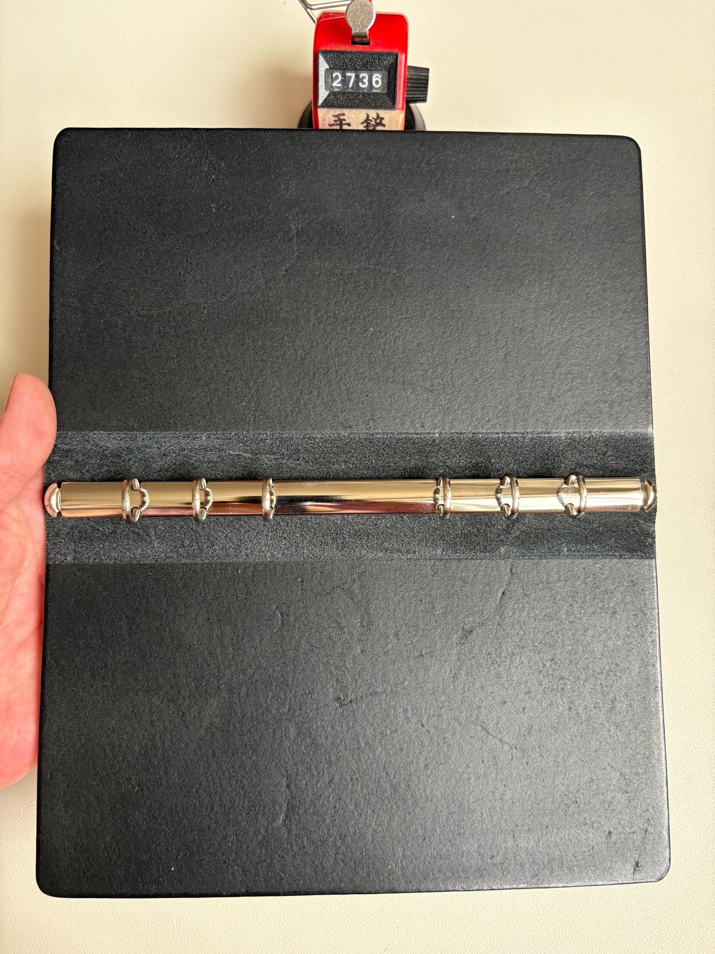 A6 Black Leather Ring Binder Notebook Cover with Silver Metal Rings