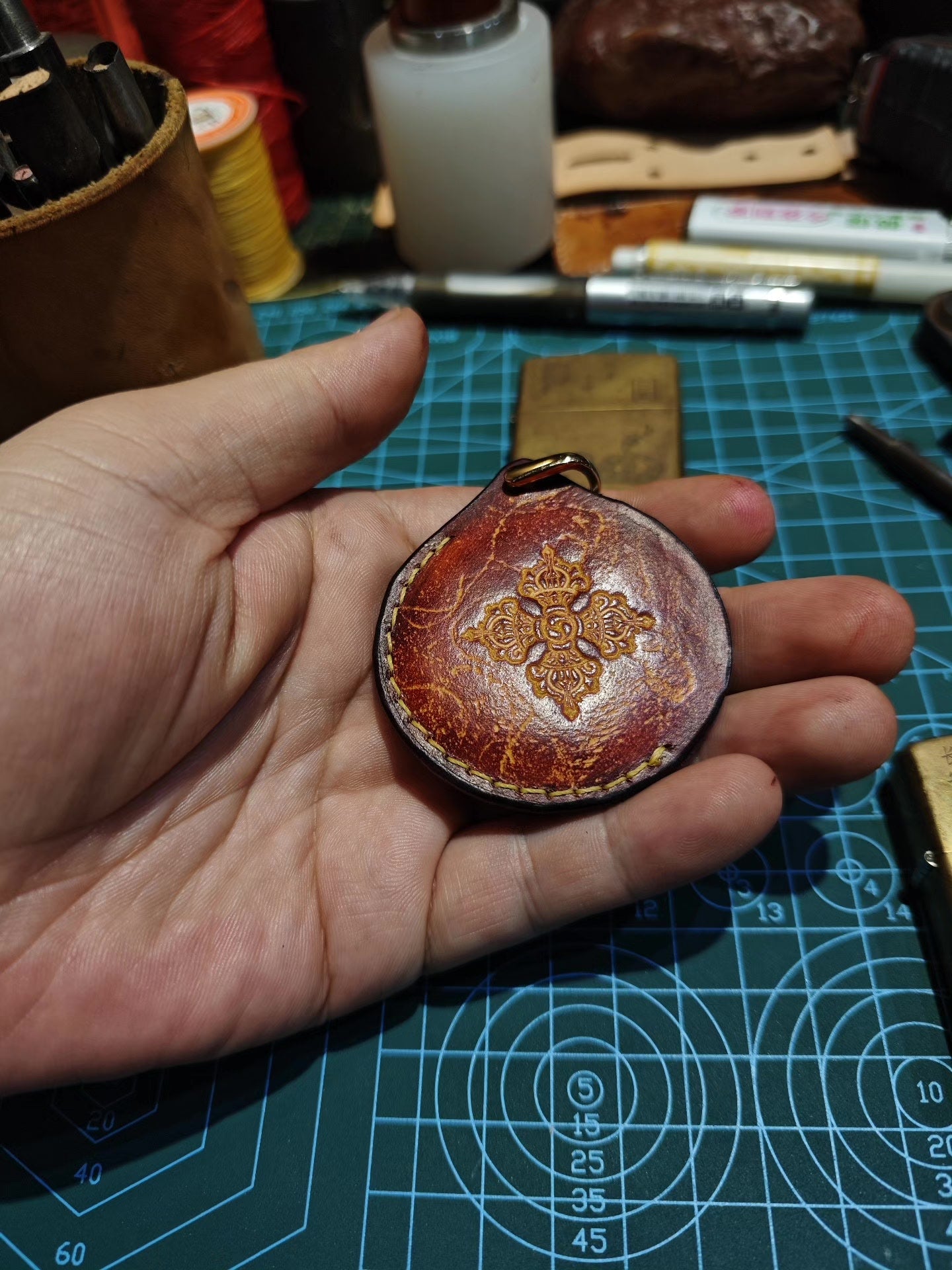 Handcrafted Natural Cowhide Leather Case for Nine Palace Eight Trigrams Talisman with Embossed Design and D-Ring