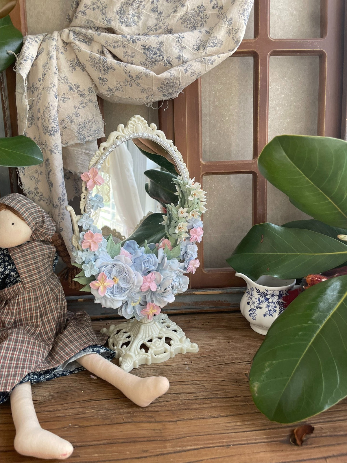 Clay Flower Decorated Oval Mirror