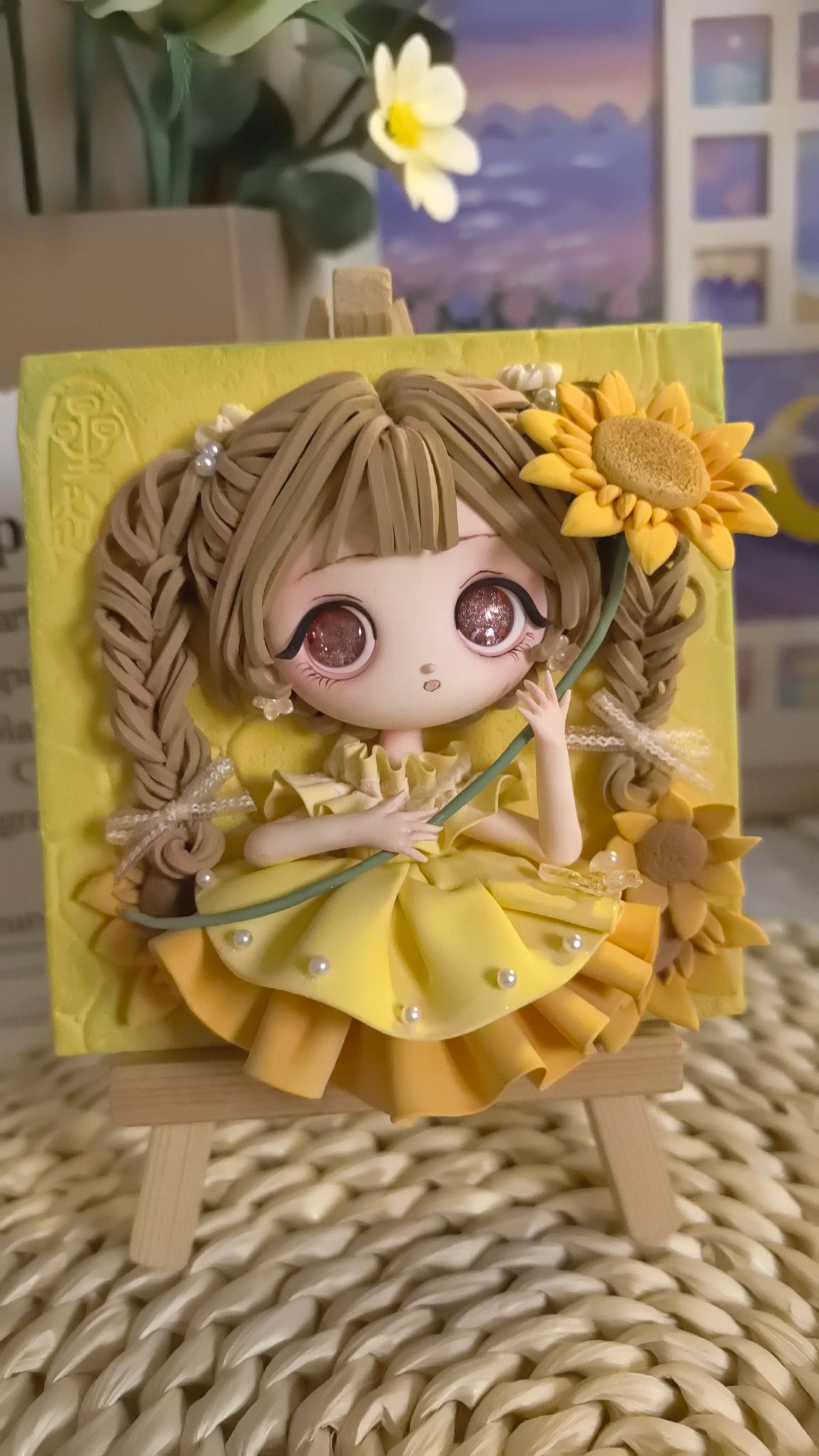 Sunflower Clay Girl Figure in Square Frame