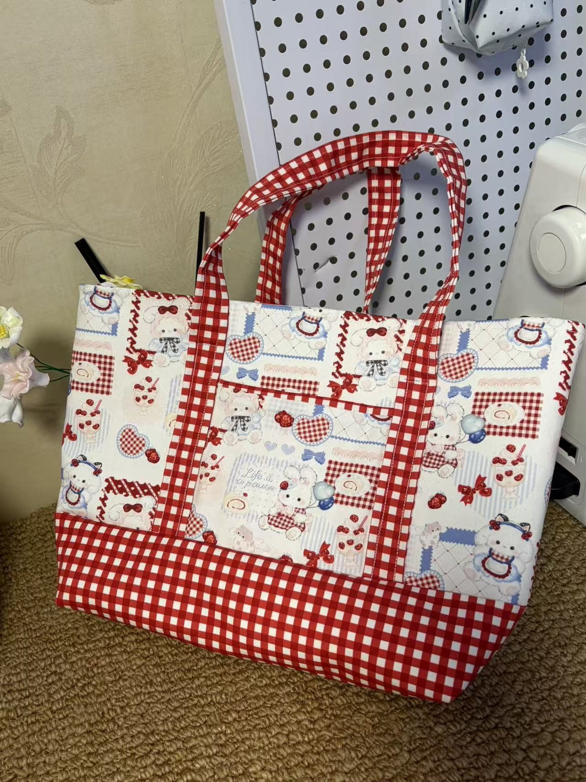 Handmade Patchwork Tote Bag Red Gingham