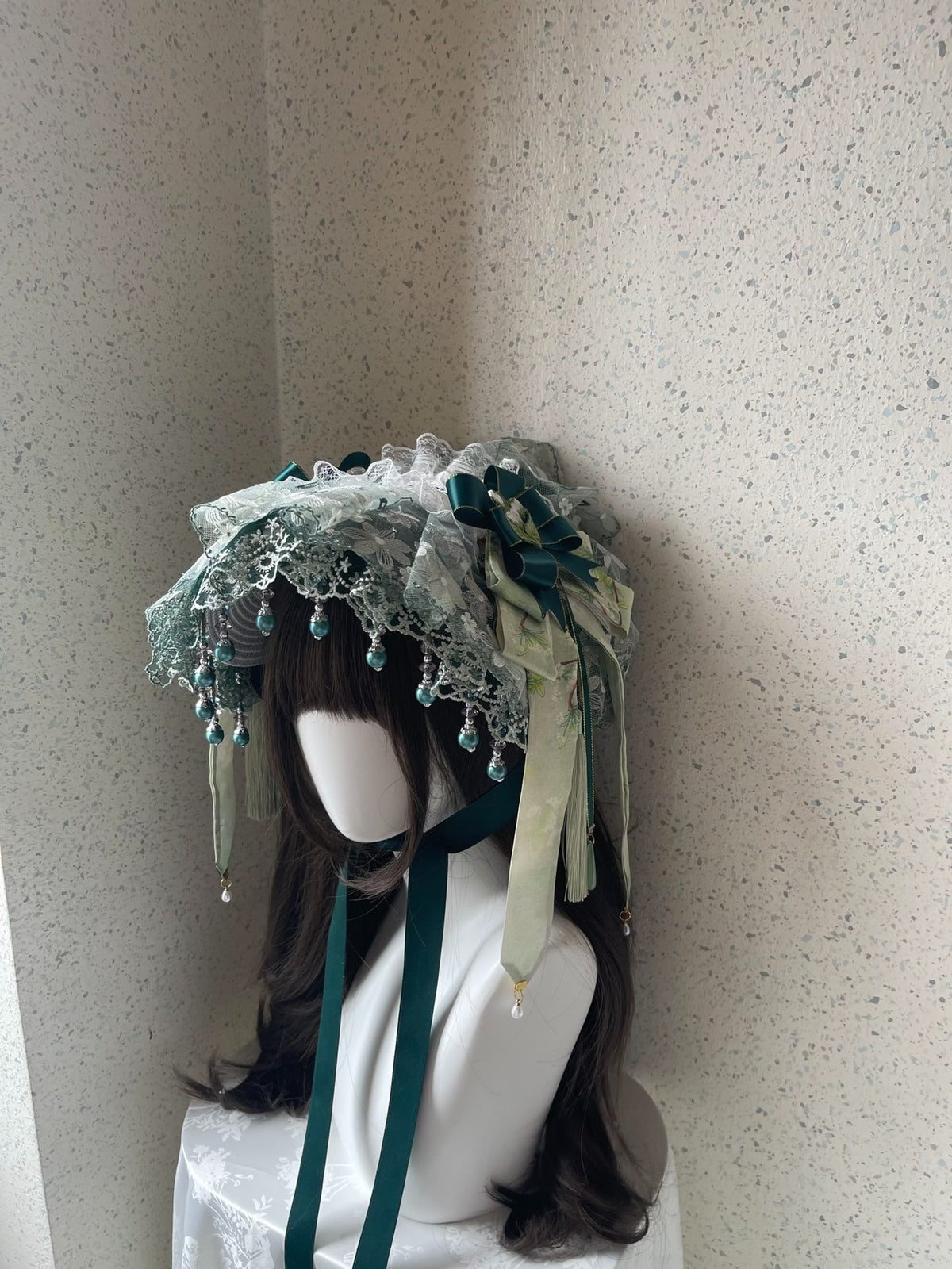 Handmade Lolita Green Lace Flat Bonnet