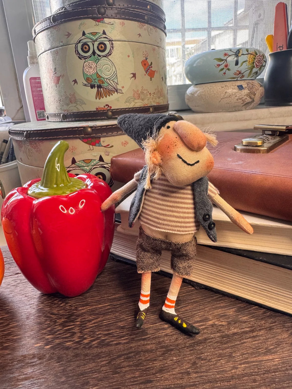 Handmade Fabric Pendant Doll Beige Striped Outfit