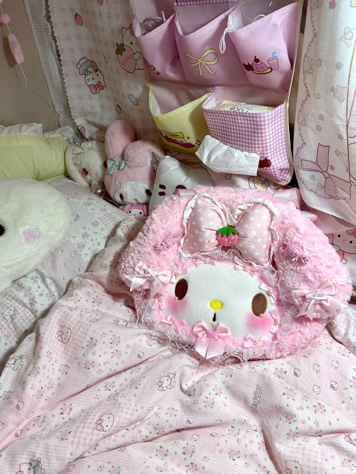 Pink Faux Fur Plush Bow Face Bag