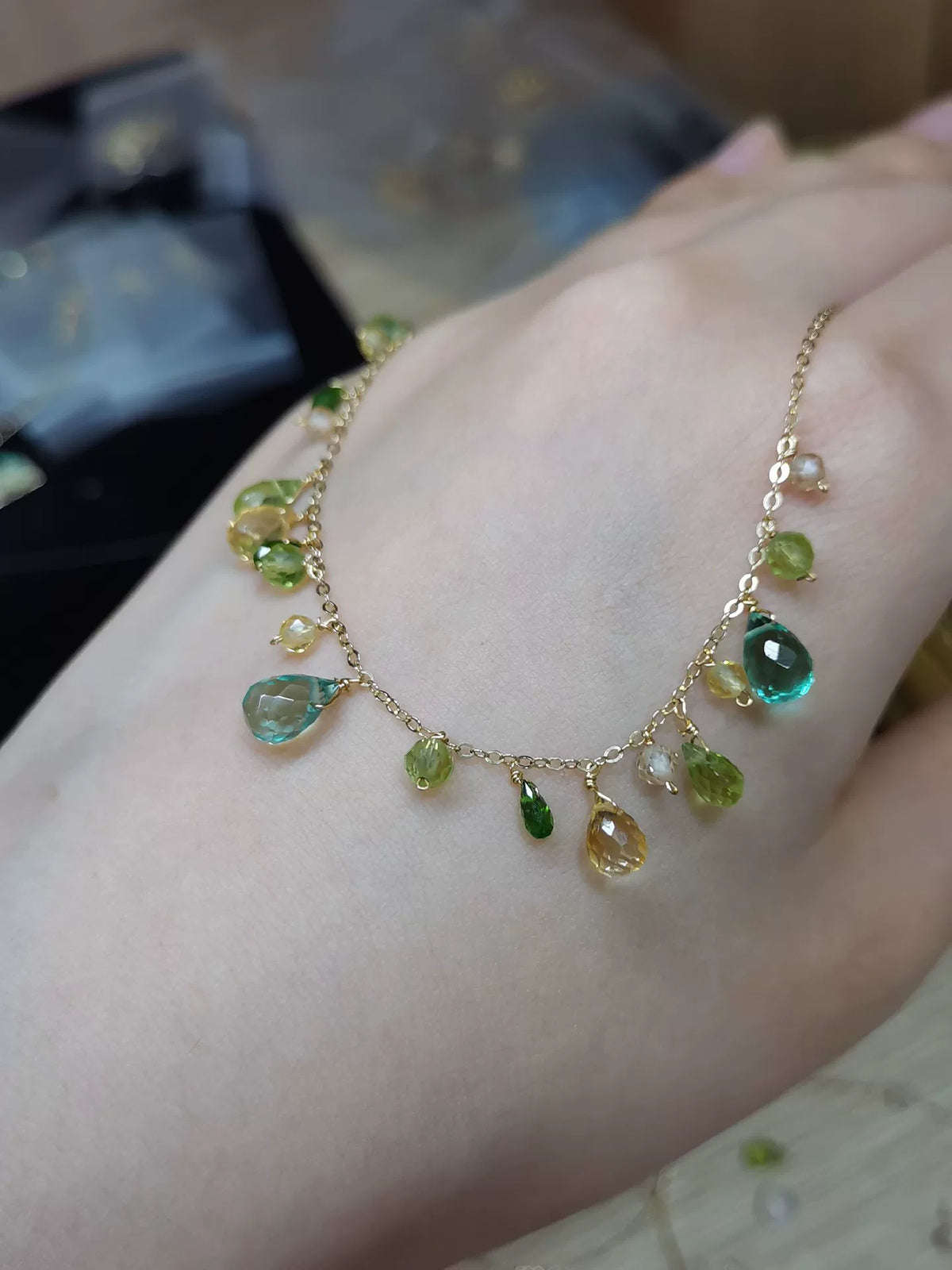 Citrine Peridot Diopside Goudgevulde Armband Ketting