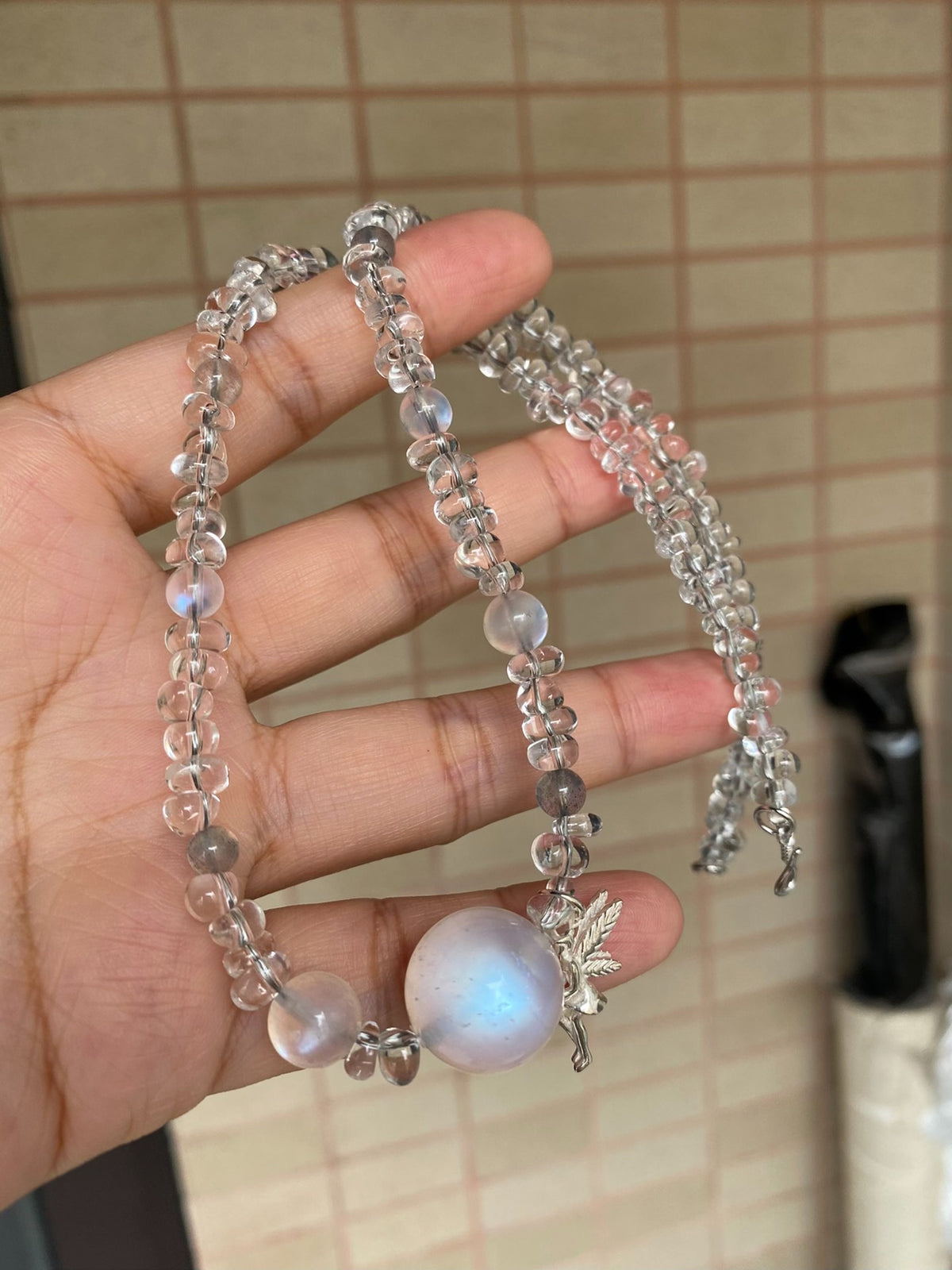 White Crystal Blue Moonstone Beaded Necklace