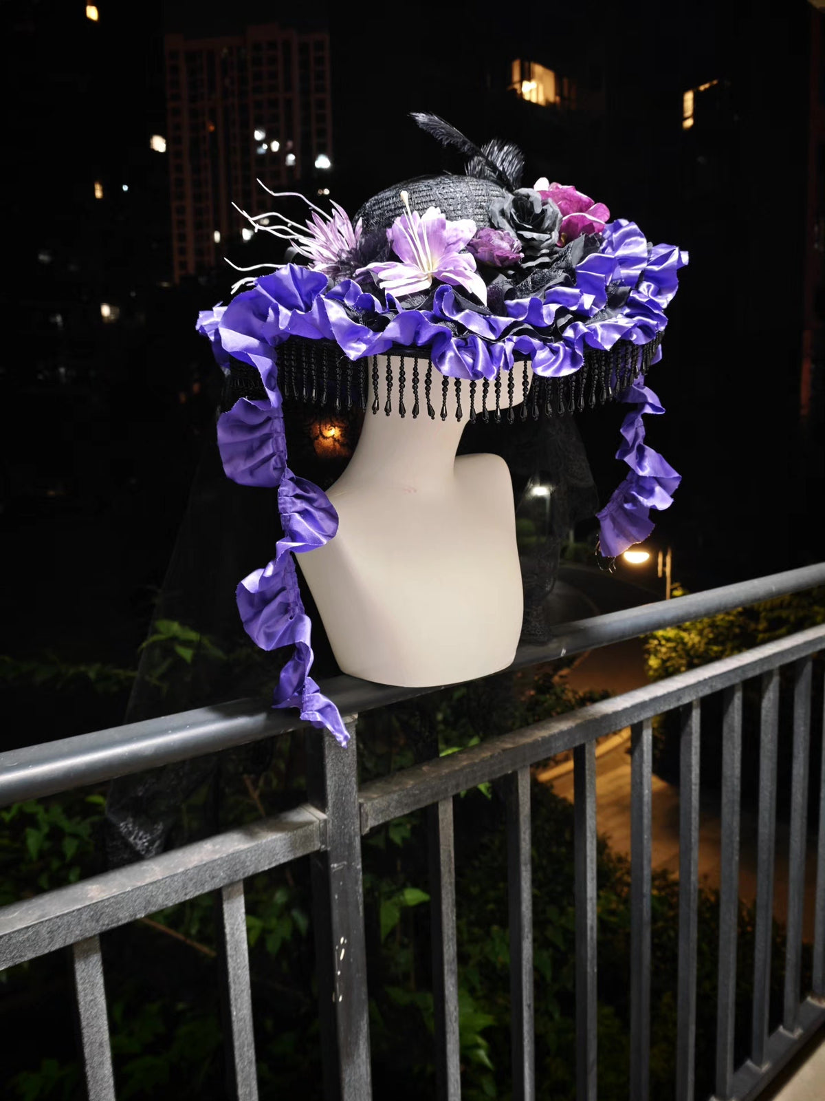 Zwarte Paarse Gothic Lolita Hoed met Ruches