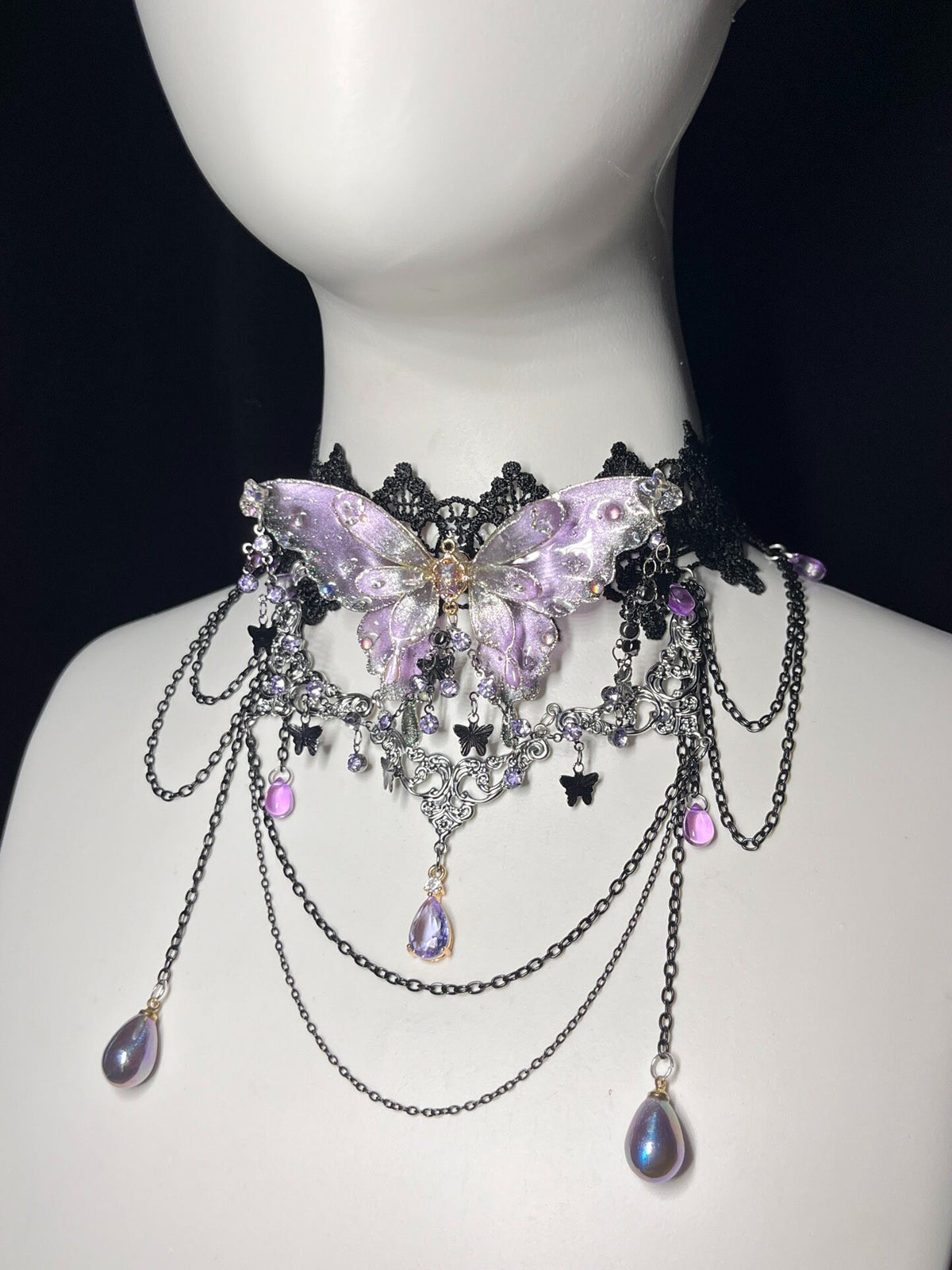 Purple Butterfly Choker Necklace with Black Lace
