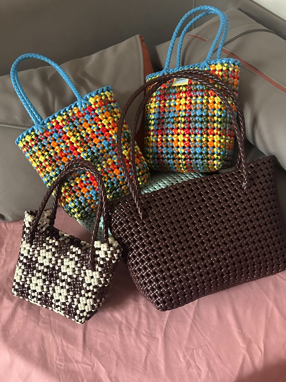 Sac Cabas en Rotin Tissé Carreaux Café et Thé Laité