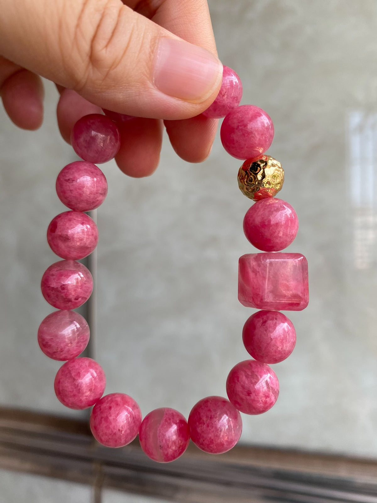 Rhodonite Beaded Bracelet with Cube Accent