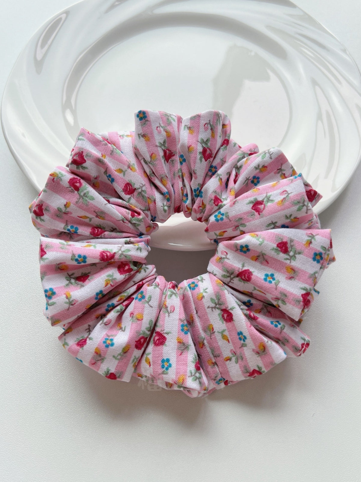 Pink Rose Stripe Floral Hair Scrunchie