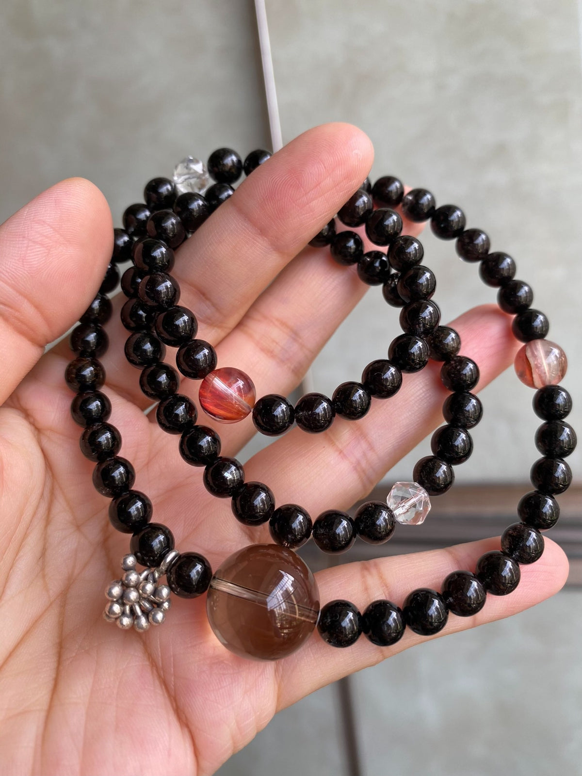 Triple Wrap Black Rutilated Quartz Beaded Bracelet