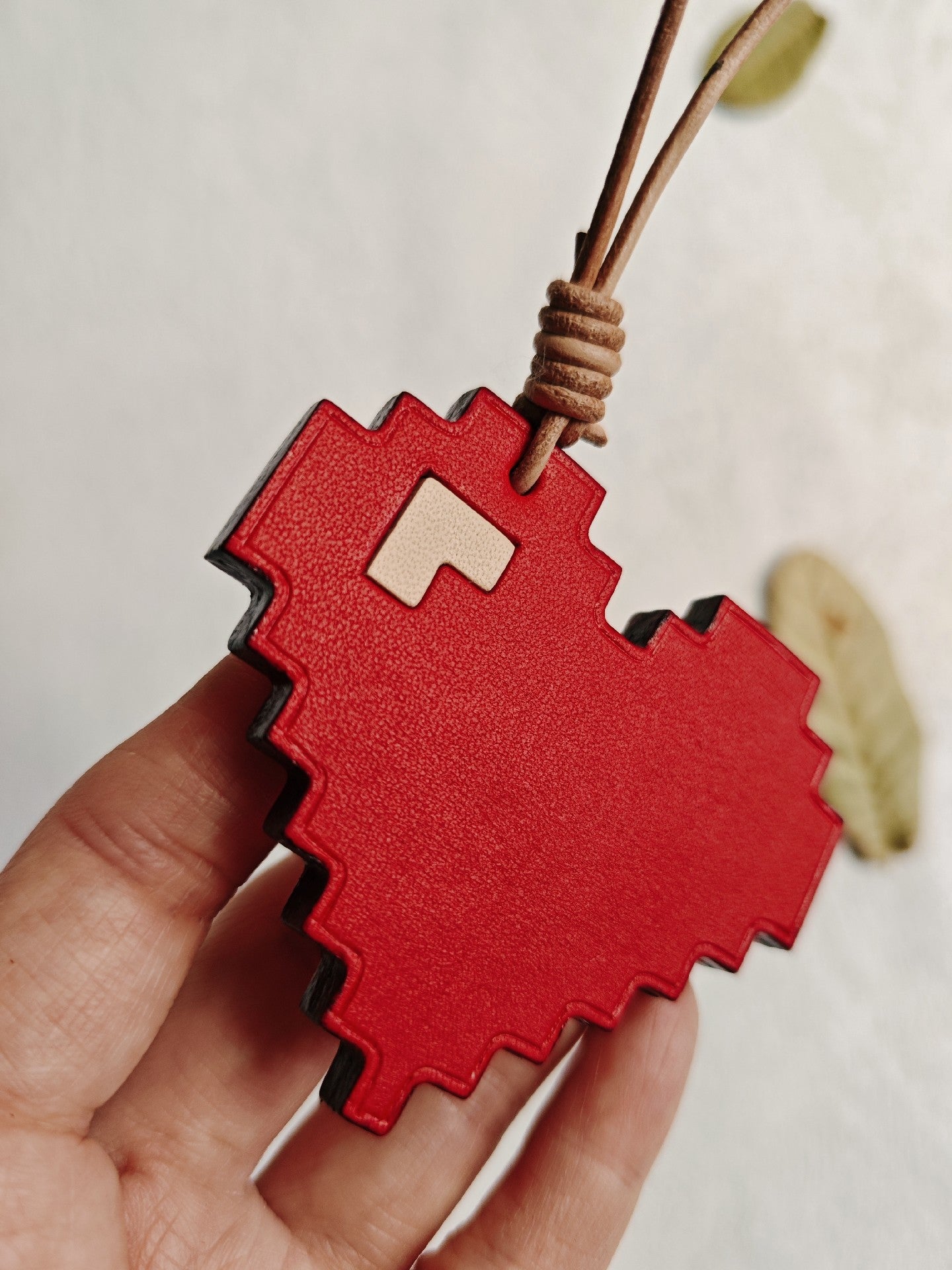 Vegetable-Tanned Leather Pixel Heart Keychain