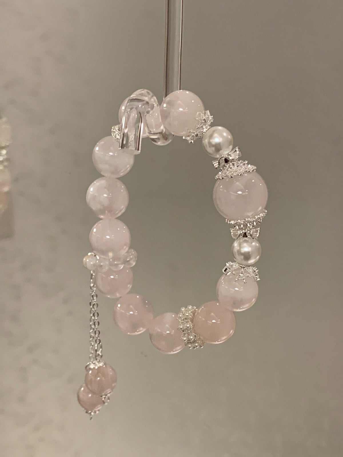 Rose Quartz Pearl Silver Charm Bracelet