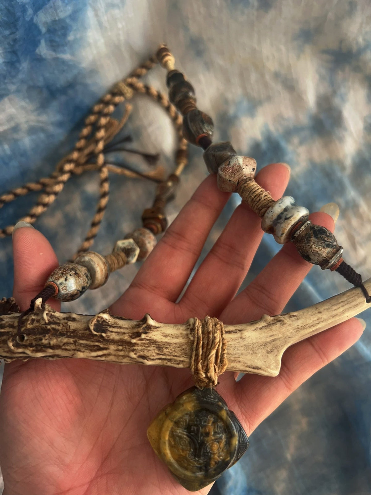 Handwoven Antler Necklace with Xiuyan Jade Pendant