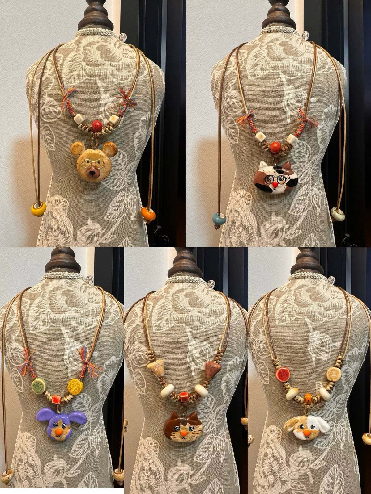 Brown Cat Head Stone Clay Pendant Necklace