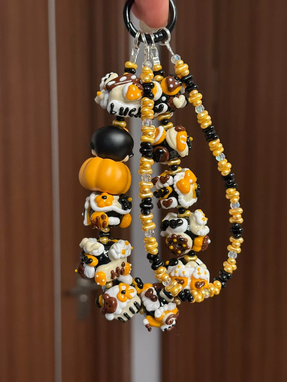 Halloween Beaded Keychain Black Orange Three Strand