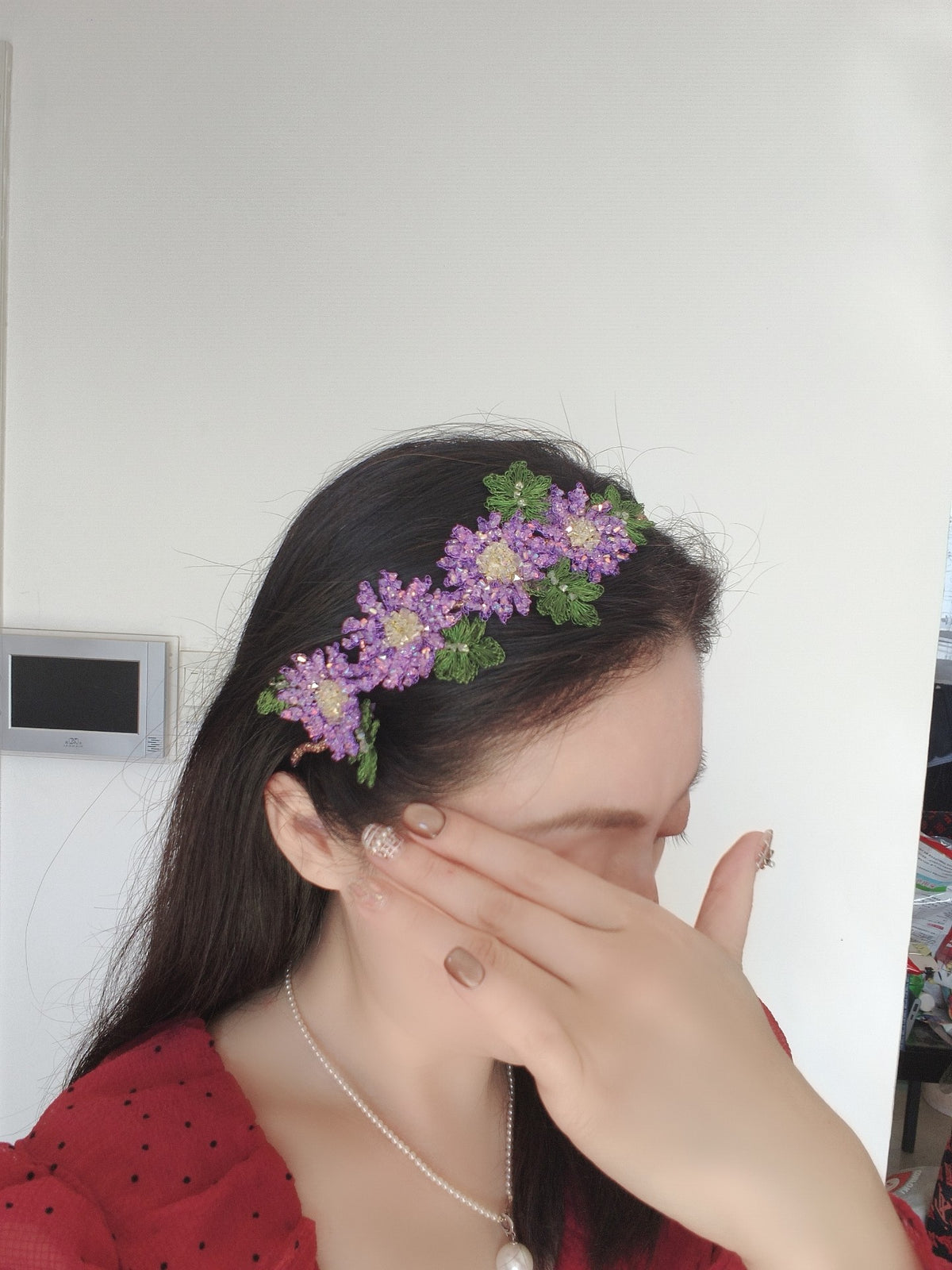 Purple Beaded Daisy Hair Headband