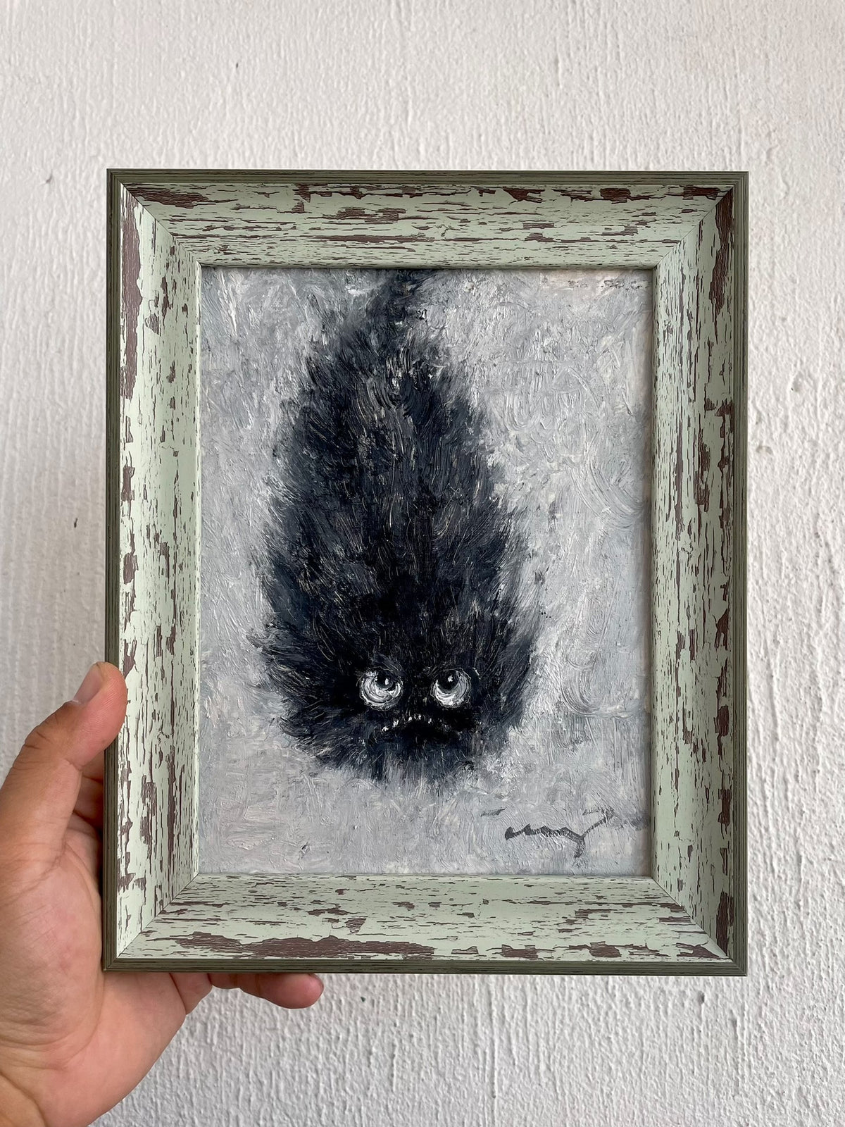 Hand Painted Black Cat Oil Painting Tabletop Art