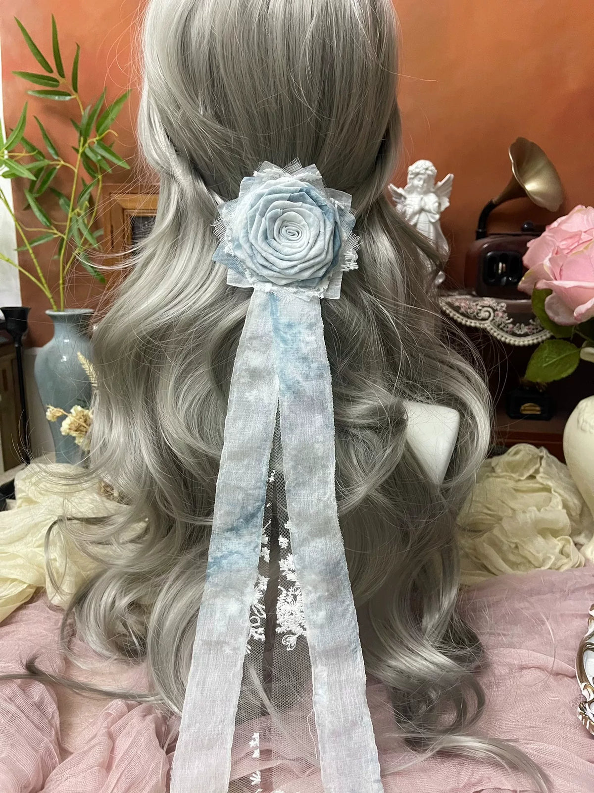 Handmade Fabric Rose Brooch Silent Blue
