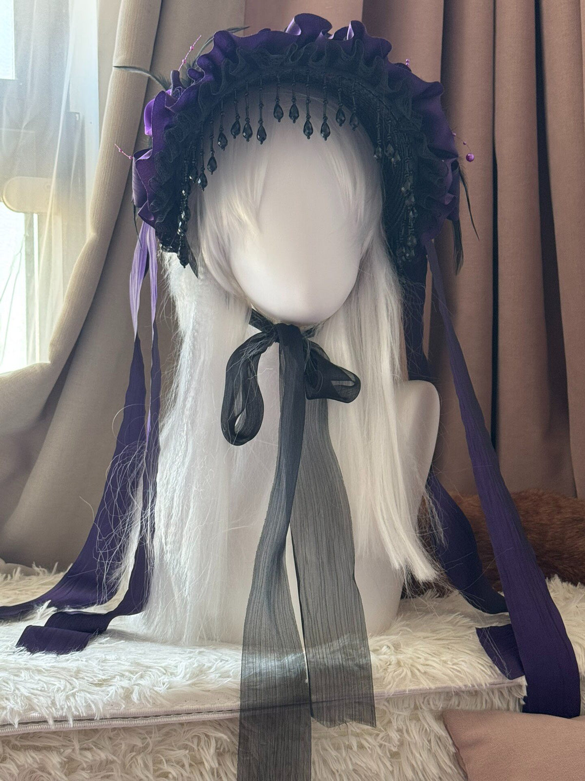Purple Gothic Lolita Bonnet with Black Beads