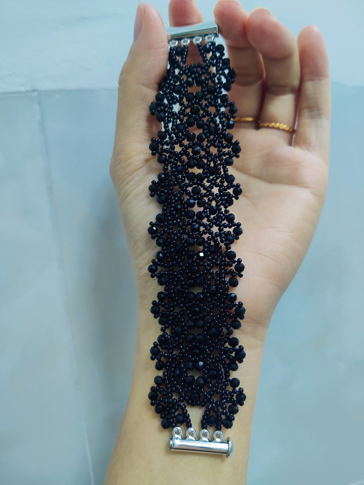 Black Flat Bead Lace Cuff Bracelet