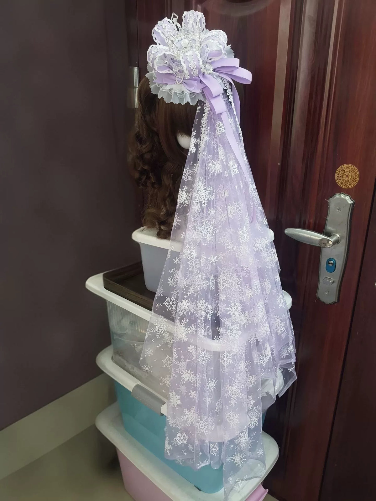 Handmade Purple Hexagonal Crown Lolita Hat with Long Veil