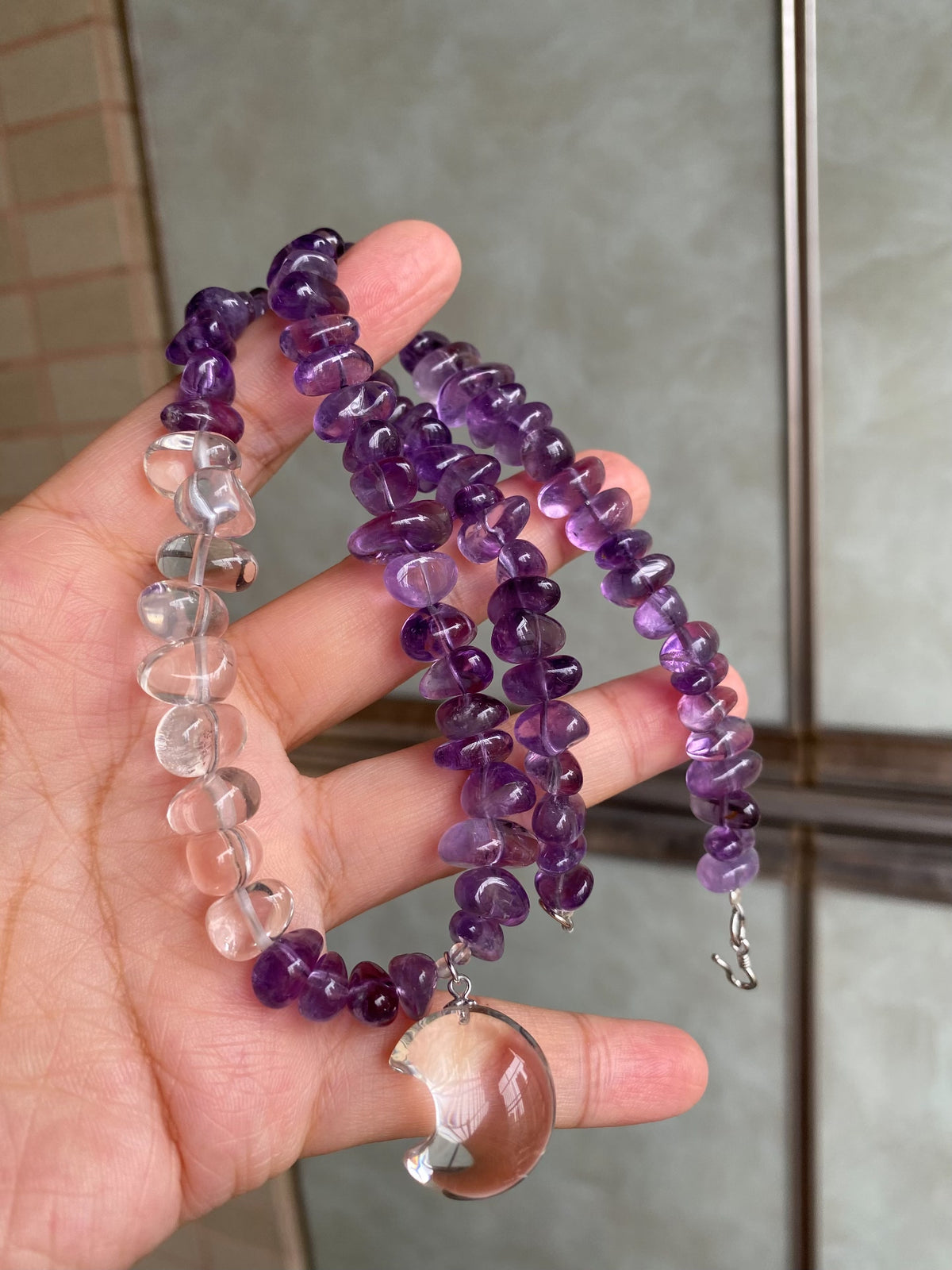 Amethyst Clear Quartz Moon Pendant Necklace