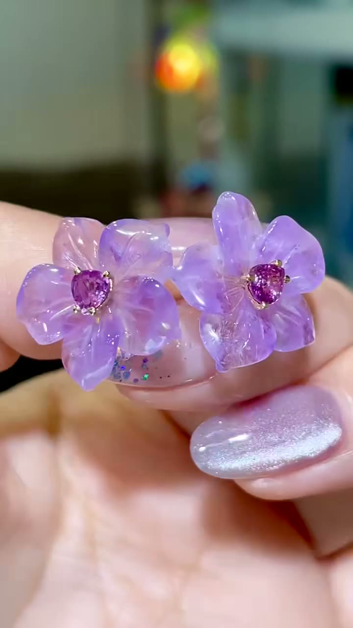 Amethyst Floral Stud Earrings with Sapphire Center