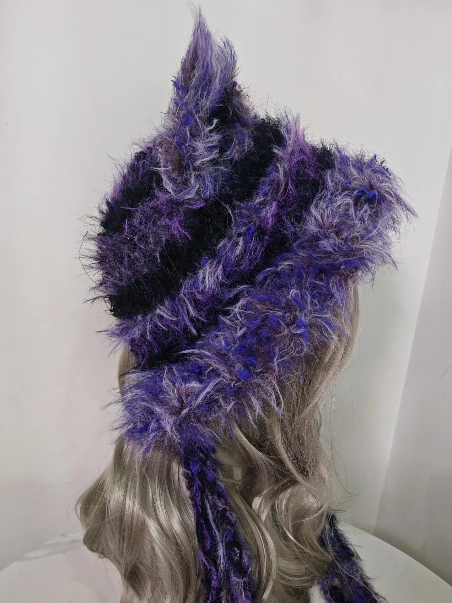 Enchanting Black-Purple Fox Hat with Lifelike Ears and Dangling Strands