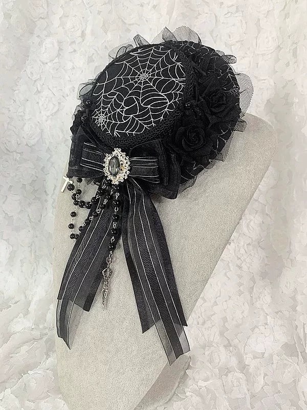 Sombrero Pillbox Gótico Lolita Negro con Telaraña Plateada