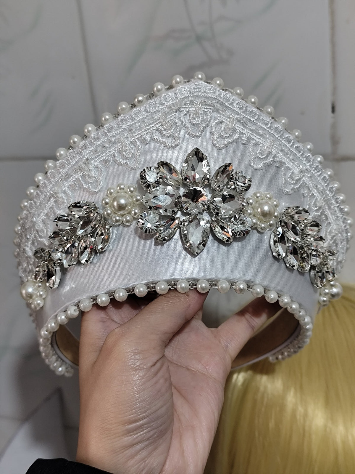 Silver White Lolita Kokoshnik Crown with Rhinestones