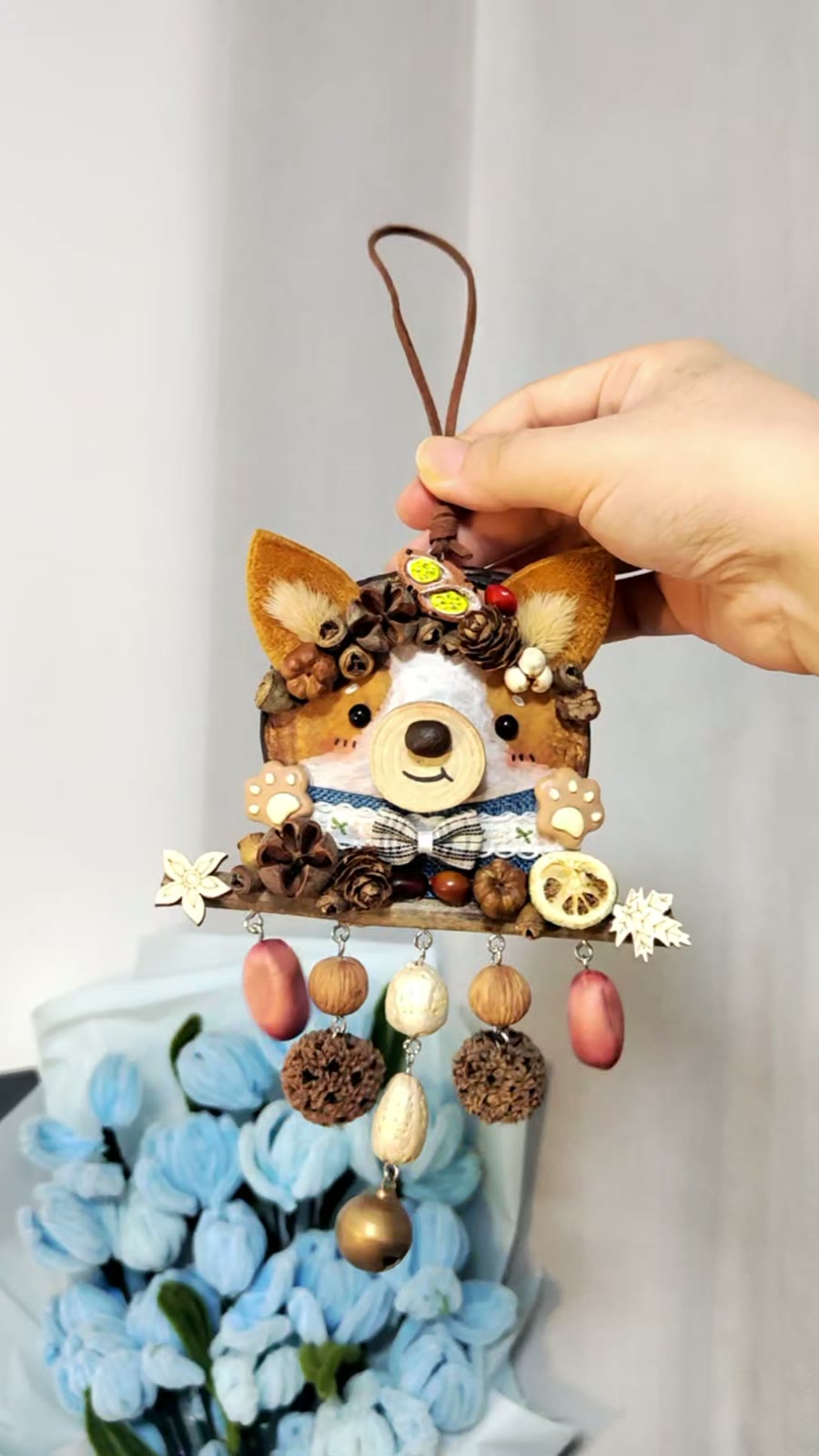 Handgemaakte Entada Zaadappel Corgi Gezicht Ornament