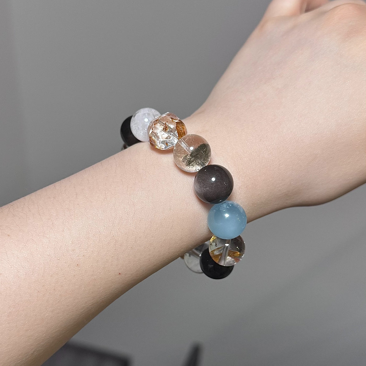 Pulsera de Cuentas de Cristal Cuarzo Rutilado Dorado y Fantasma Verde