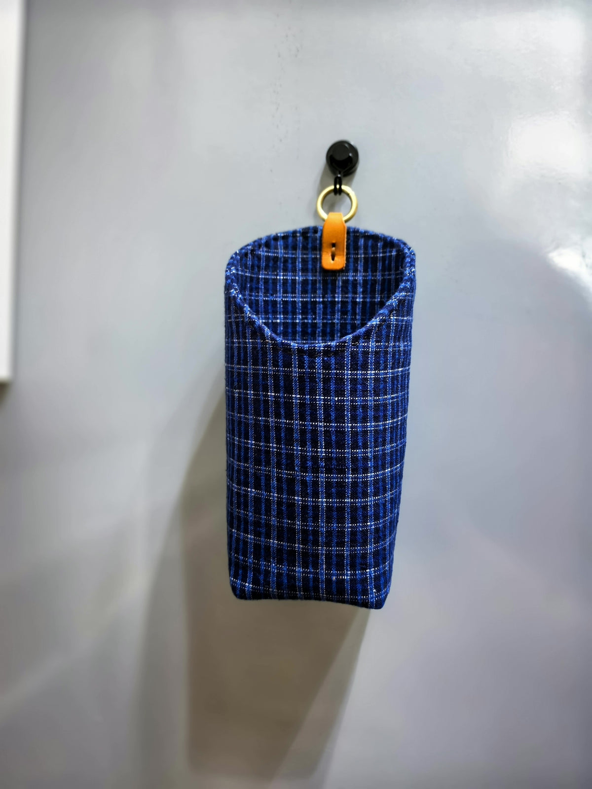 Wall Mounted Makeup Brush Pouch Blue Checkered Cotton