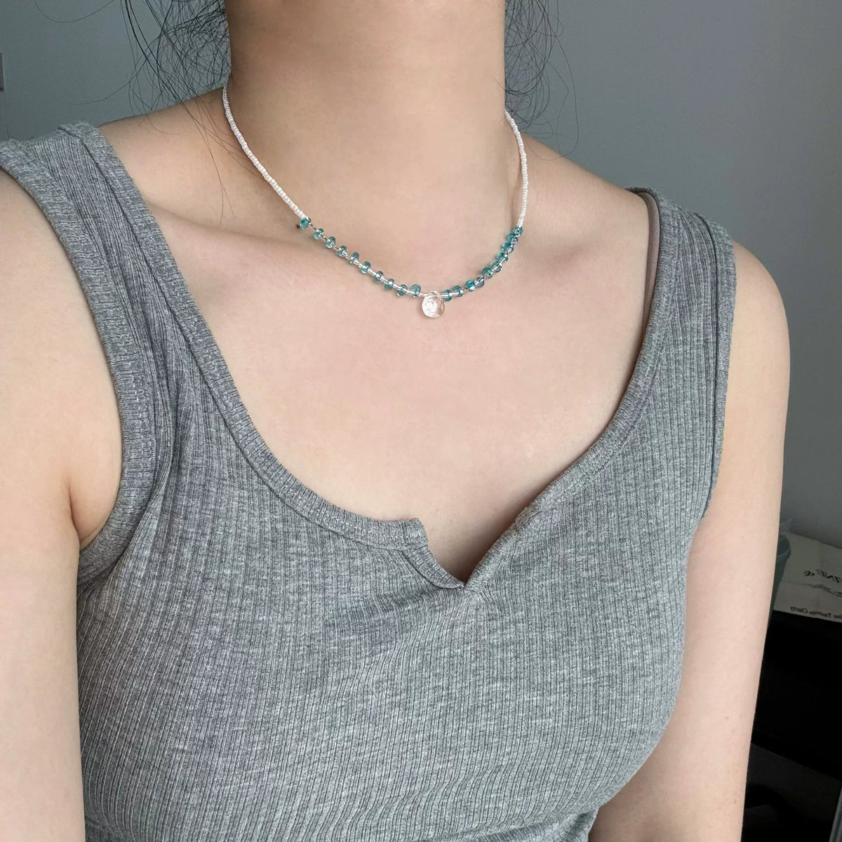 White Crystal Aqua Bead Collarbone Necklace
