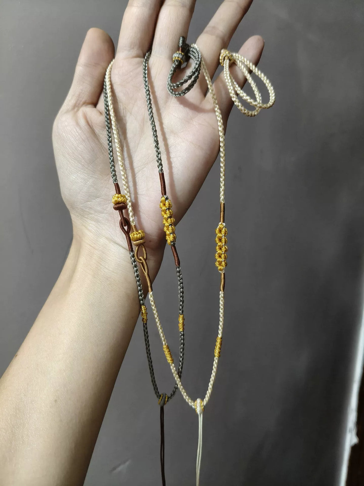 Hand Woven Grey Necklace Cord with Gold Accents