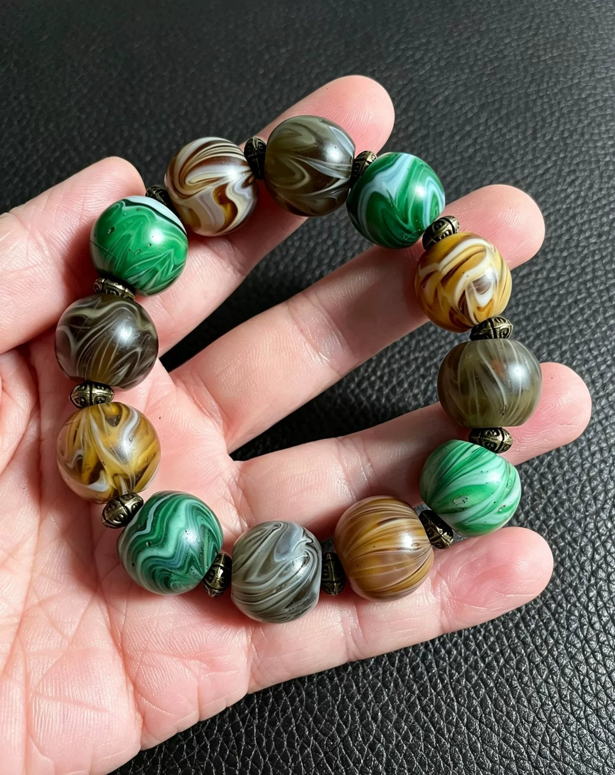 Afrikaanse Glazen Kralenarmband Groen Amber Unisex