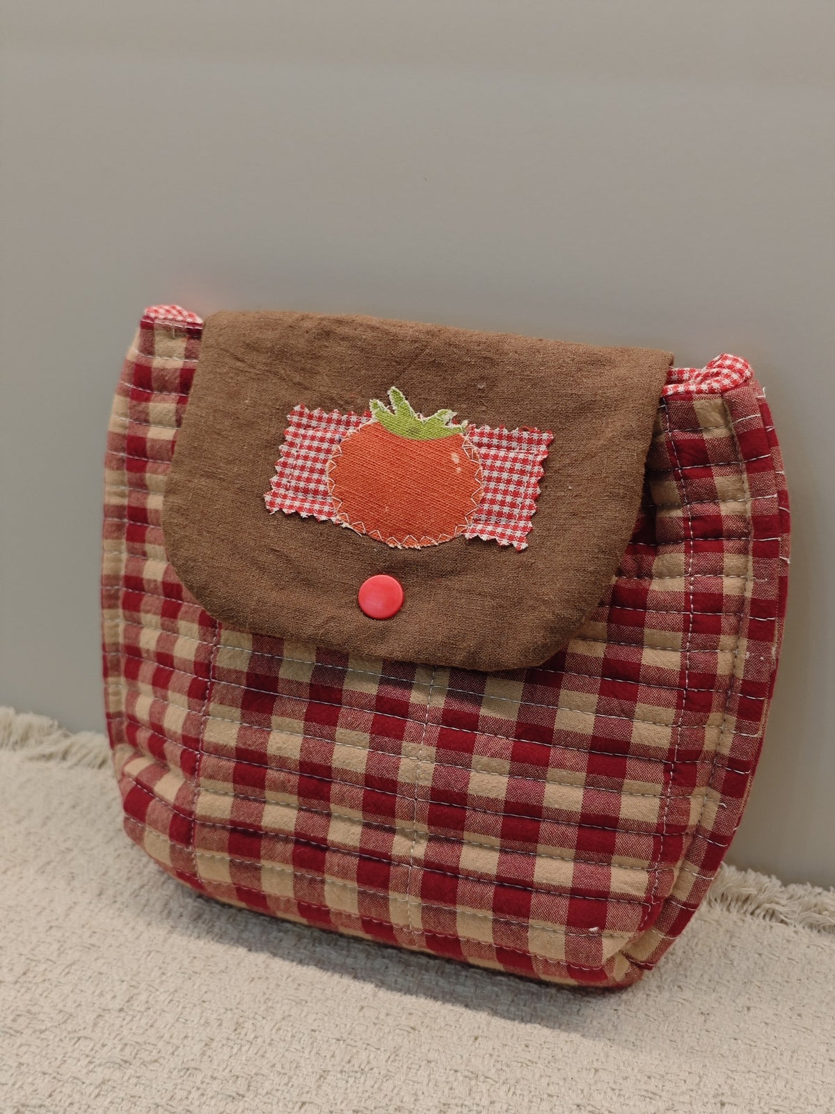 Quilted Gingham Storage Pouch with Tomato Applique