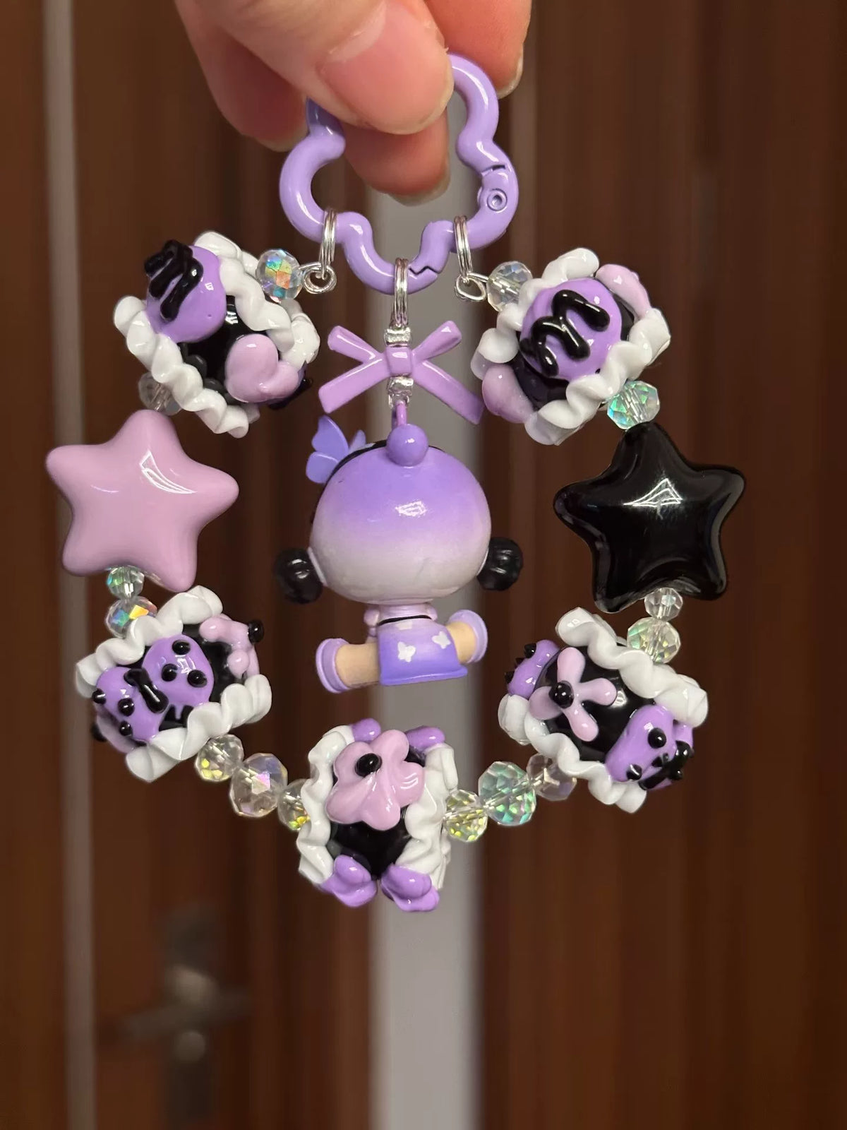 Purple Black Beaded Keychain with Figurine