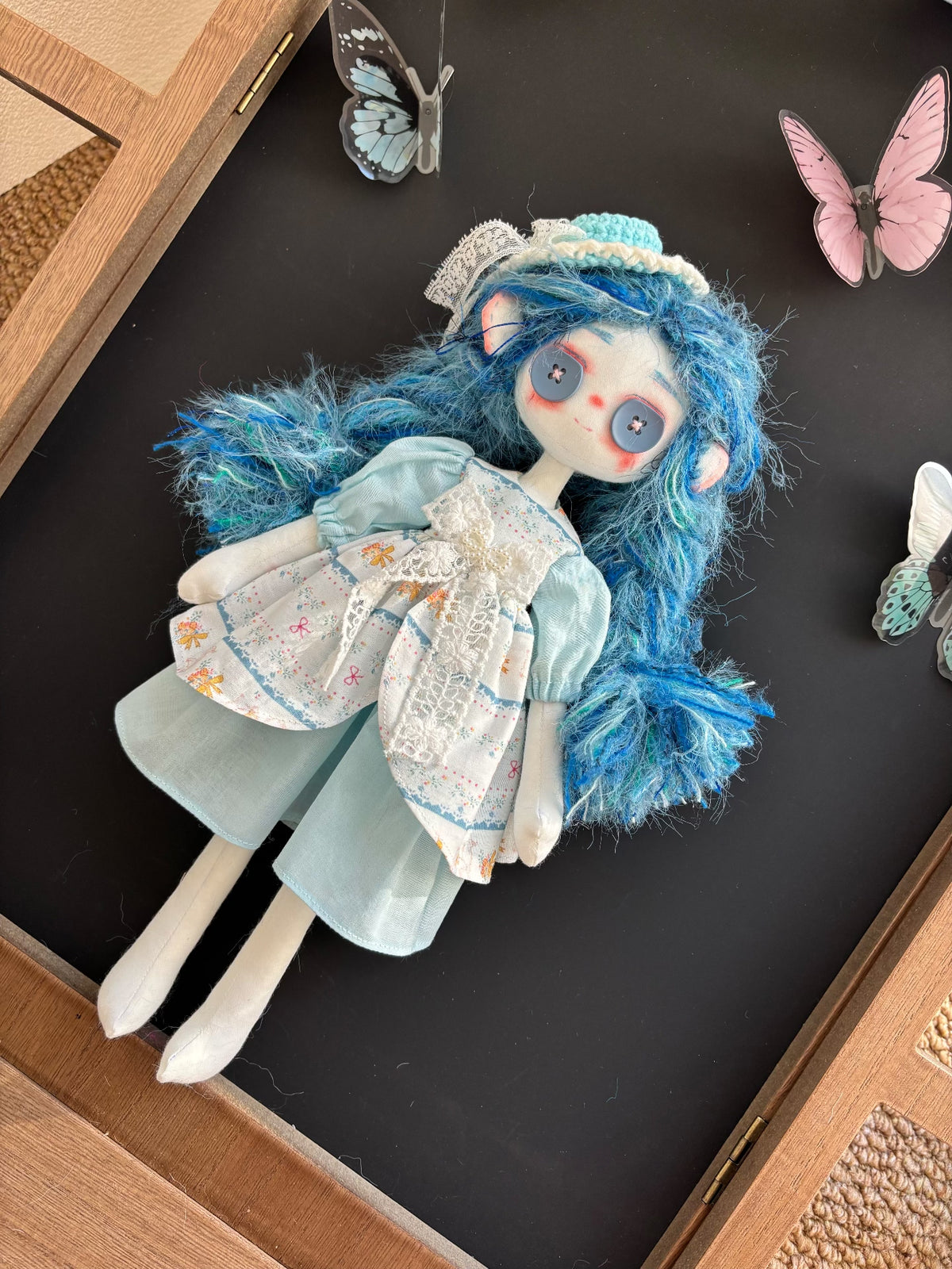 Boneca de Arte Feita à Mão Cabelo Azul 31cm