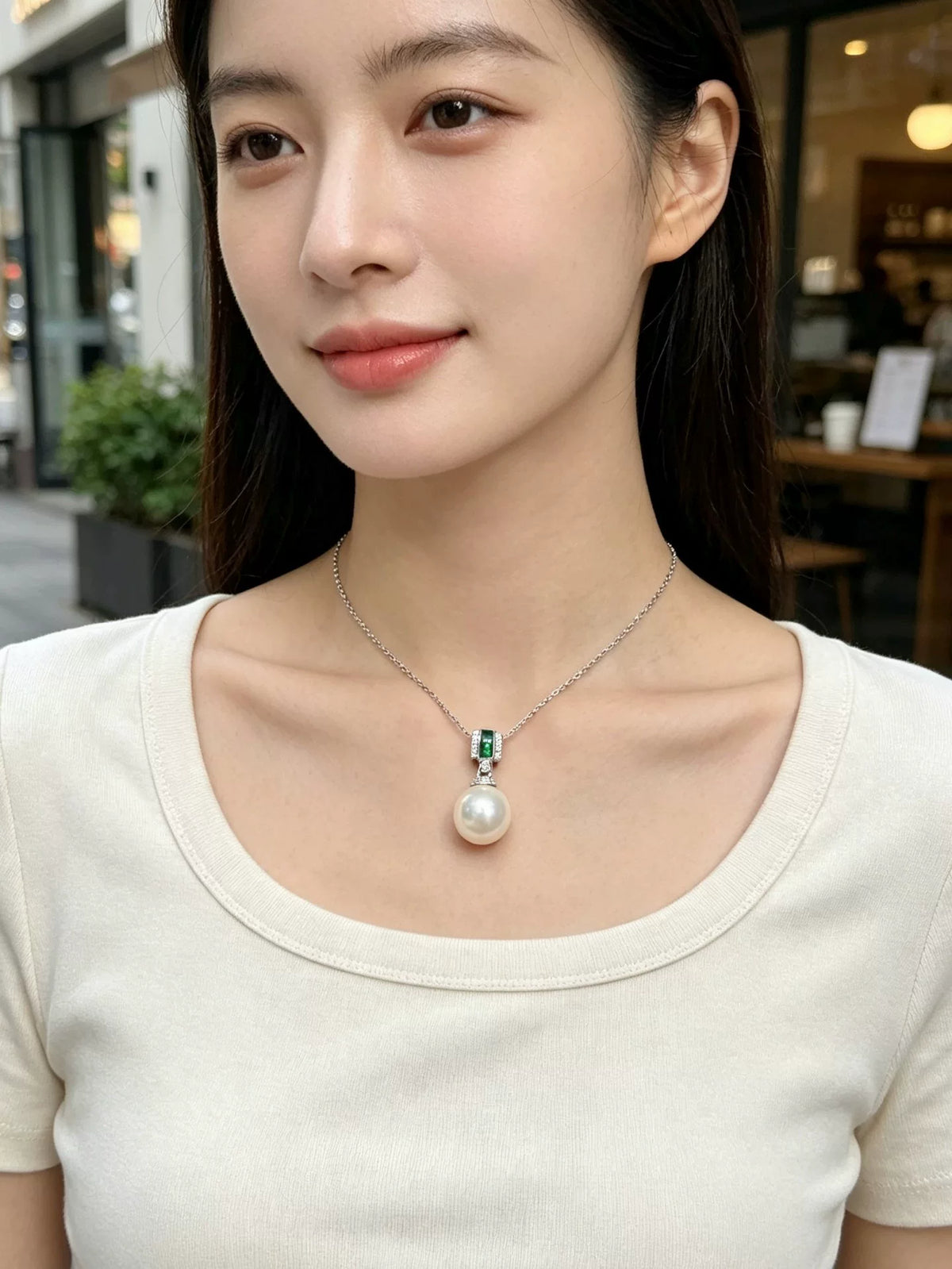 Emerald Green Pearl Pendant Necklace S925 Silver