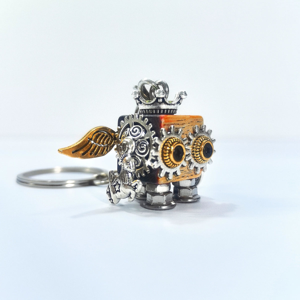 Wooden Steampunk Robot Keychain with Metal Gears