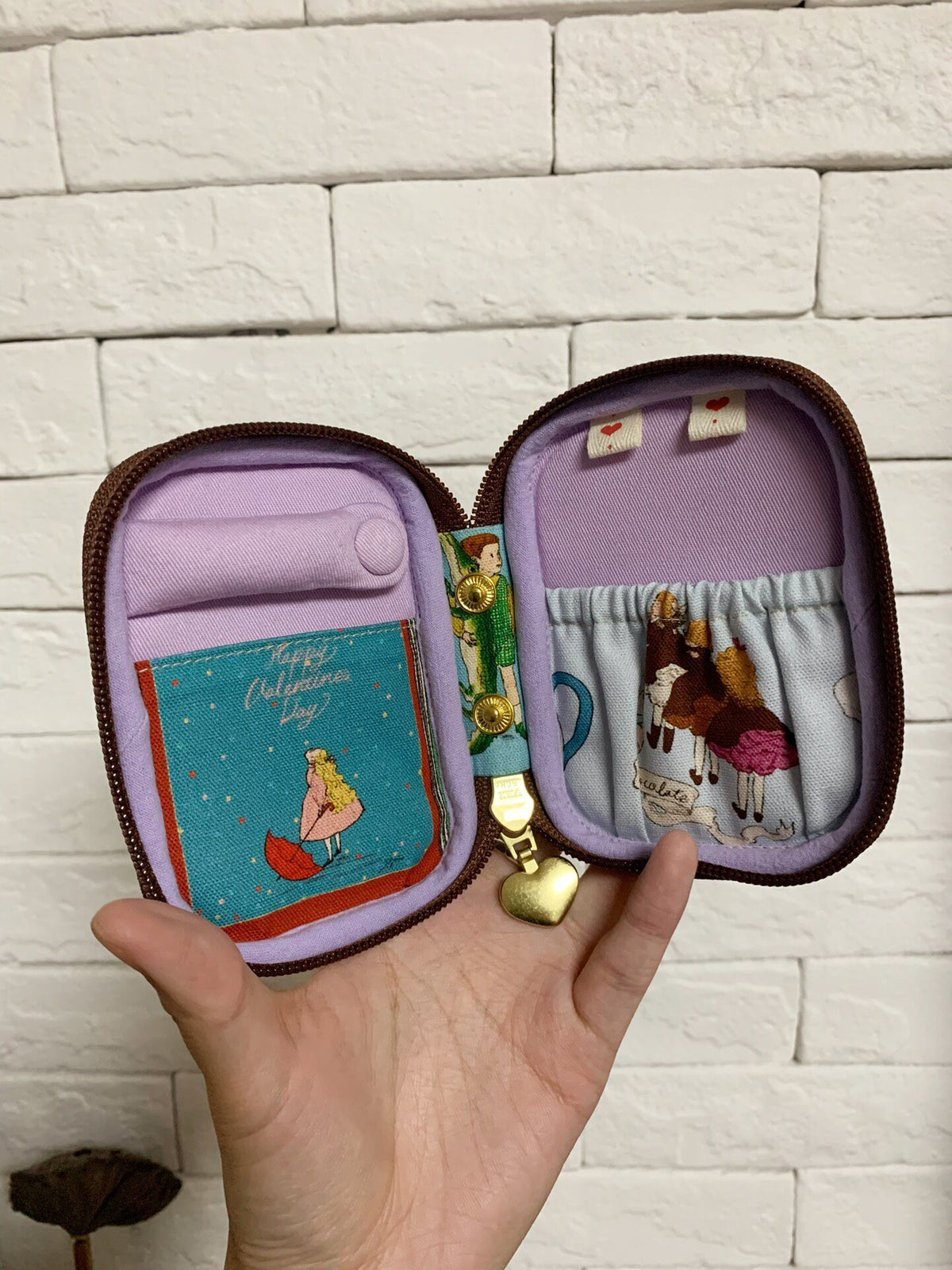 Zippered Patchwork Pouch with Illustrated Panels