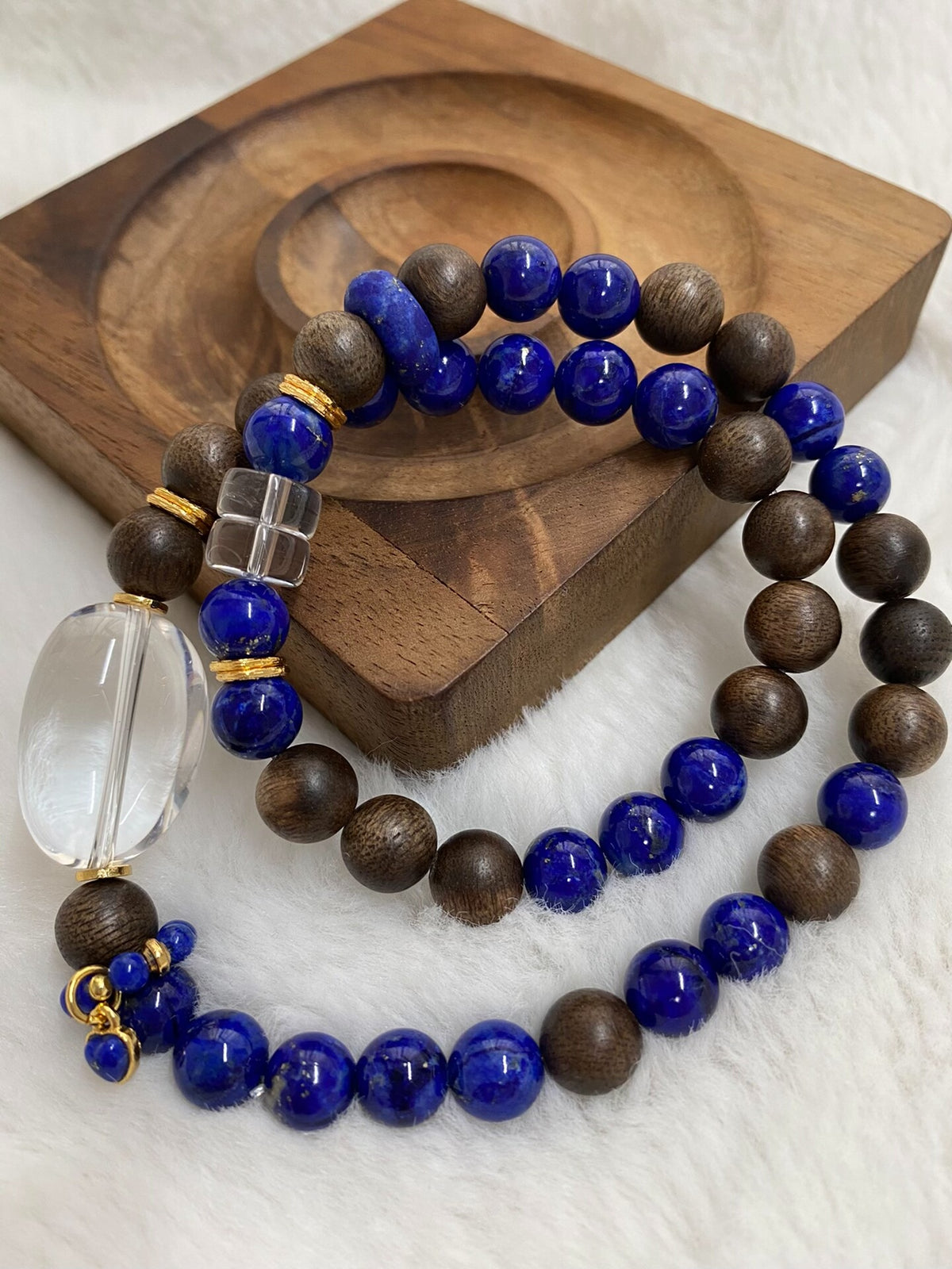 Double Strand Wood Lapis Bracelet