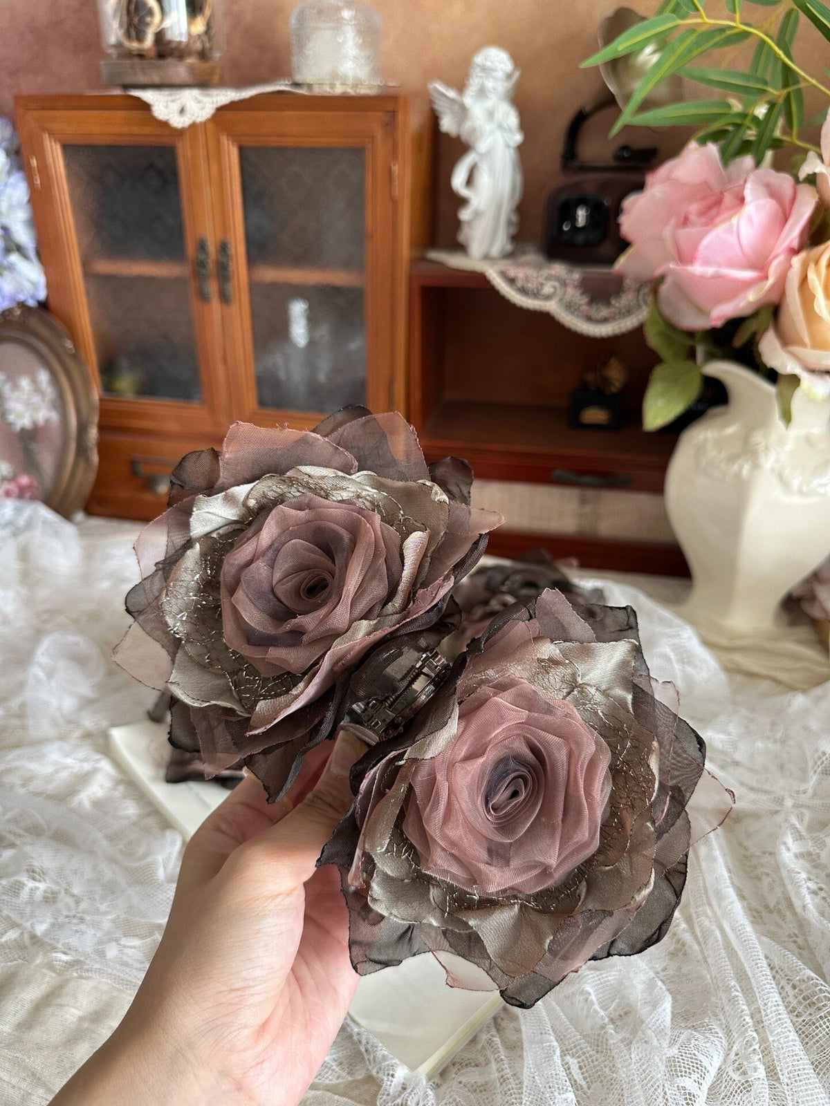 Handcrafted Fabric Rose Smoky Brown Hair Claw Clip